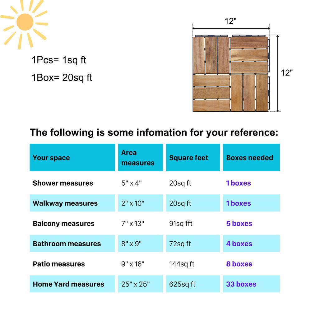 GOGEXX 12 in. x 12 in. Square Acacia Wood Interlocking Flooring Deck Tiles Checker Pattern For Patio Brown(Pack of 20 Tiles)