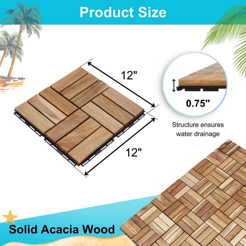 GOGEXX 12 in. x 12 in. Square Acacia Wood Interlocking Flooring Deck Tiles Checker Pattern For Patio Brown(Pack of 20 Tiles)