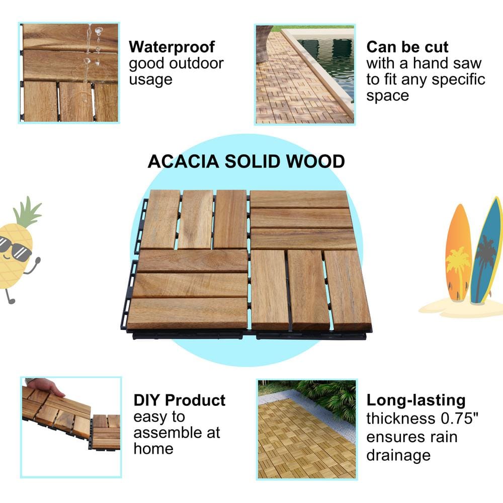 GOGEXX 12 in. x 12 in. Square Acacia Wood Interlocking Flooring Deck Tiles Checker Pattern For Patio Brown(Pack of 20 Tiles)