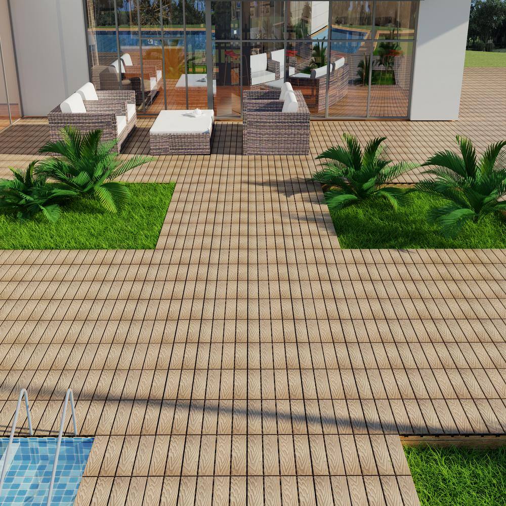 GOGEXX 11.8 in. W x 11.8 in. L Outdoor Striped Pattern WPC Composite Interlocking Flooring Deck Tiles (Set of 22) in Brown