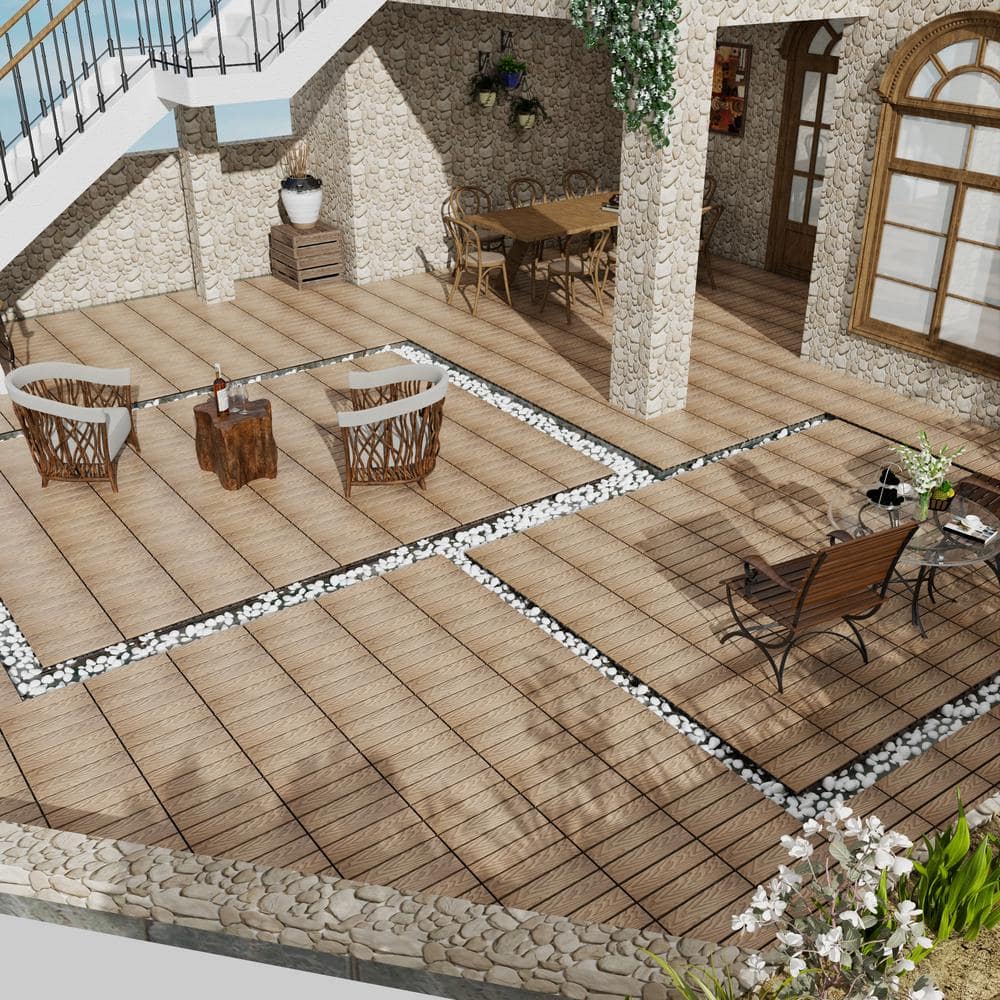 GOGEXX 11.8 in. W x 11.8 in. L Outdoor Striped Pattern WPC Composite Interlocking Flooring Deck Tiles (Set of 22) in Brown
