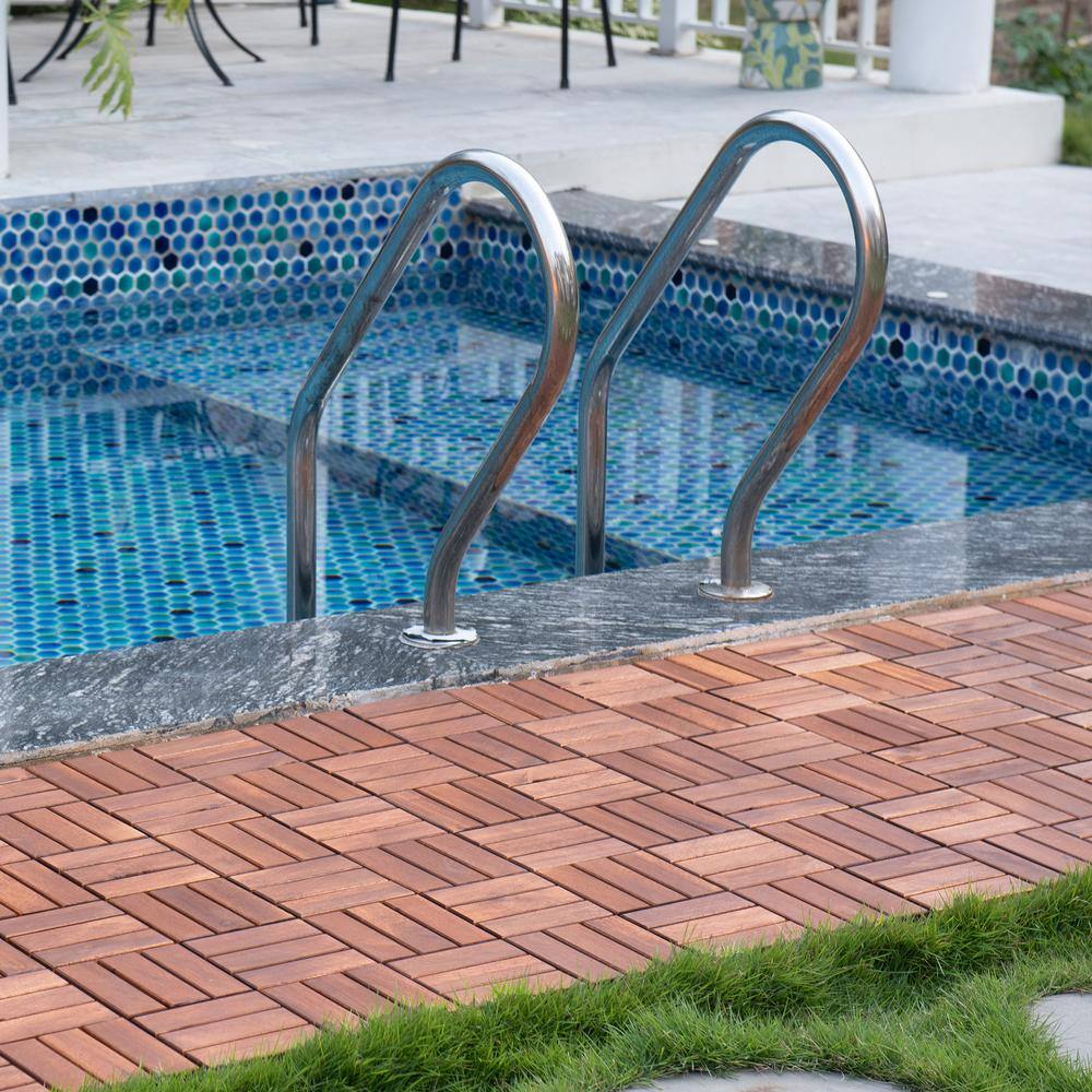 GOGEXX 12 in. x 12 in. Brown Square Acacia Wood Interlocking Flooring Deck Tiles Checker Pattern Outdoor (Pack of 20 Tiles)