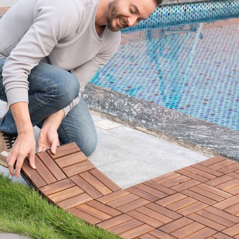 GOGEXX 12 in. x 12 in. Brown Square Acacia Wood Interlocking Flooring Deck Tiles Checker Pattern Outdoor (Pack of 20 Tiles)