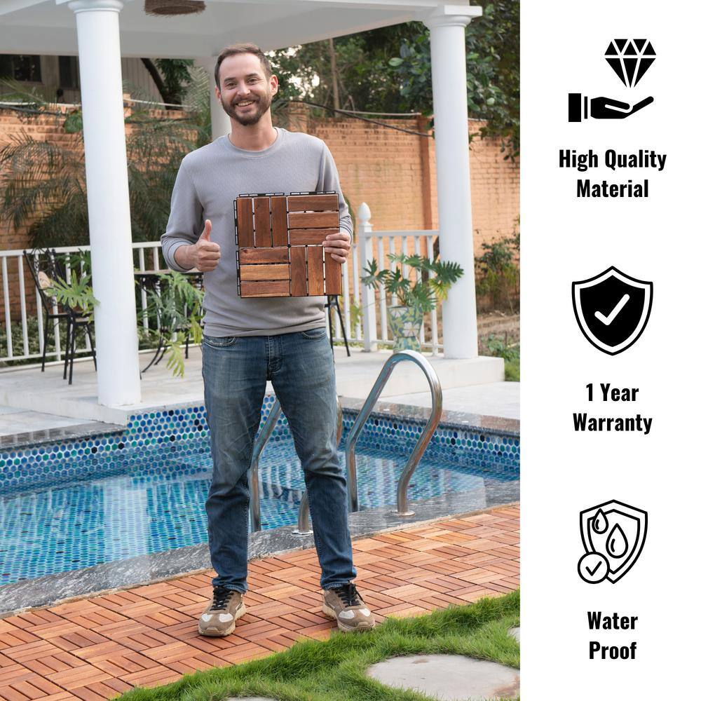 GOGEXX 12 in. x 12 in. Brown Square Acacia Wood Interlocking Flooring Deck Tiles Checker Pattern Outdoor (Pack of 20 Tiles)