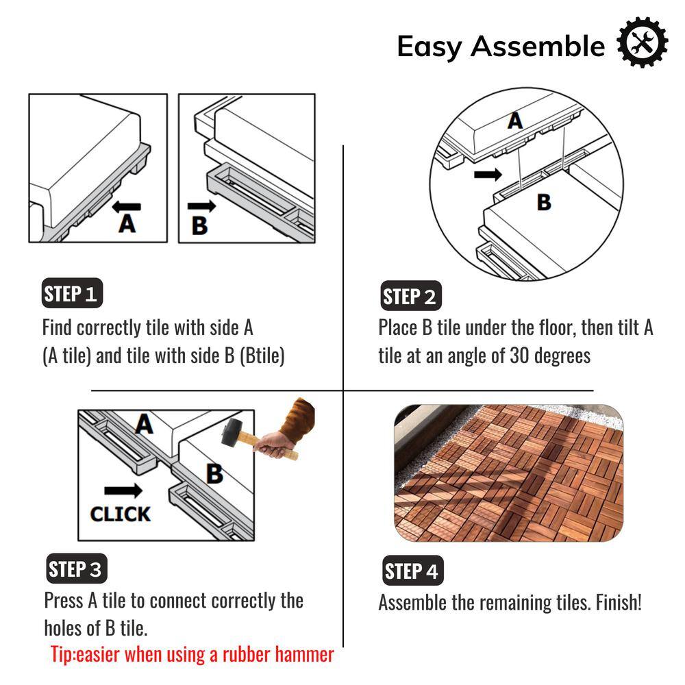 GOGEXX 12 in. x 12 in. Brown Square Acacia Wood Interlocking Flooring Deck Tiles Checker Pattern Outdoor (Pack of 20 Tiles)