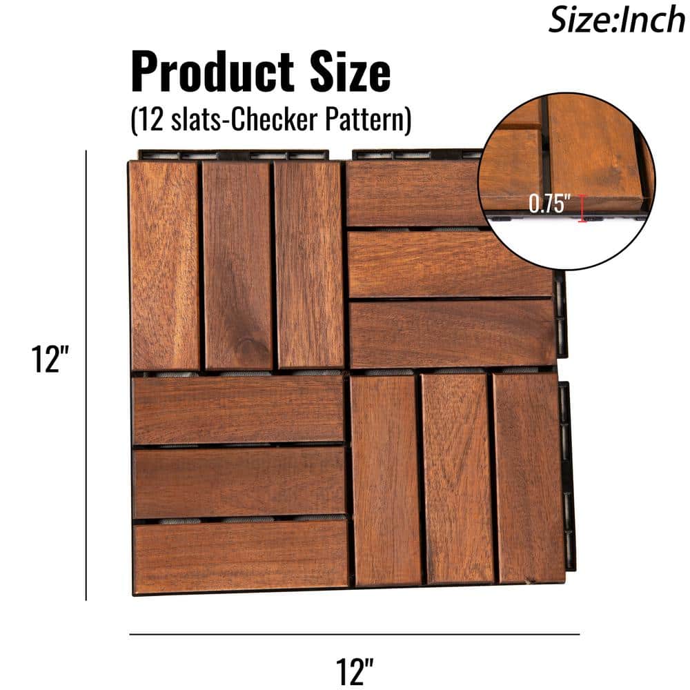 GOGEXX 12 in. x 12 in. Brown Square Acacia Wood Interlocking Flooring Deck Tiles Checker Pattern Outdoor (Pack of 20 Tiles)