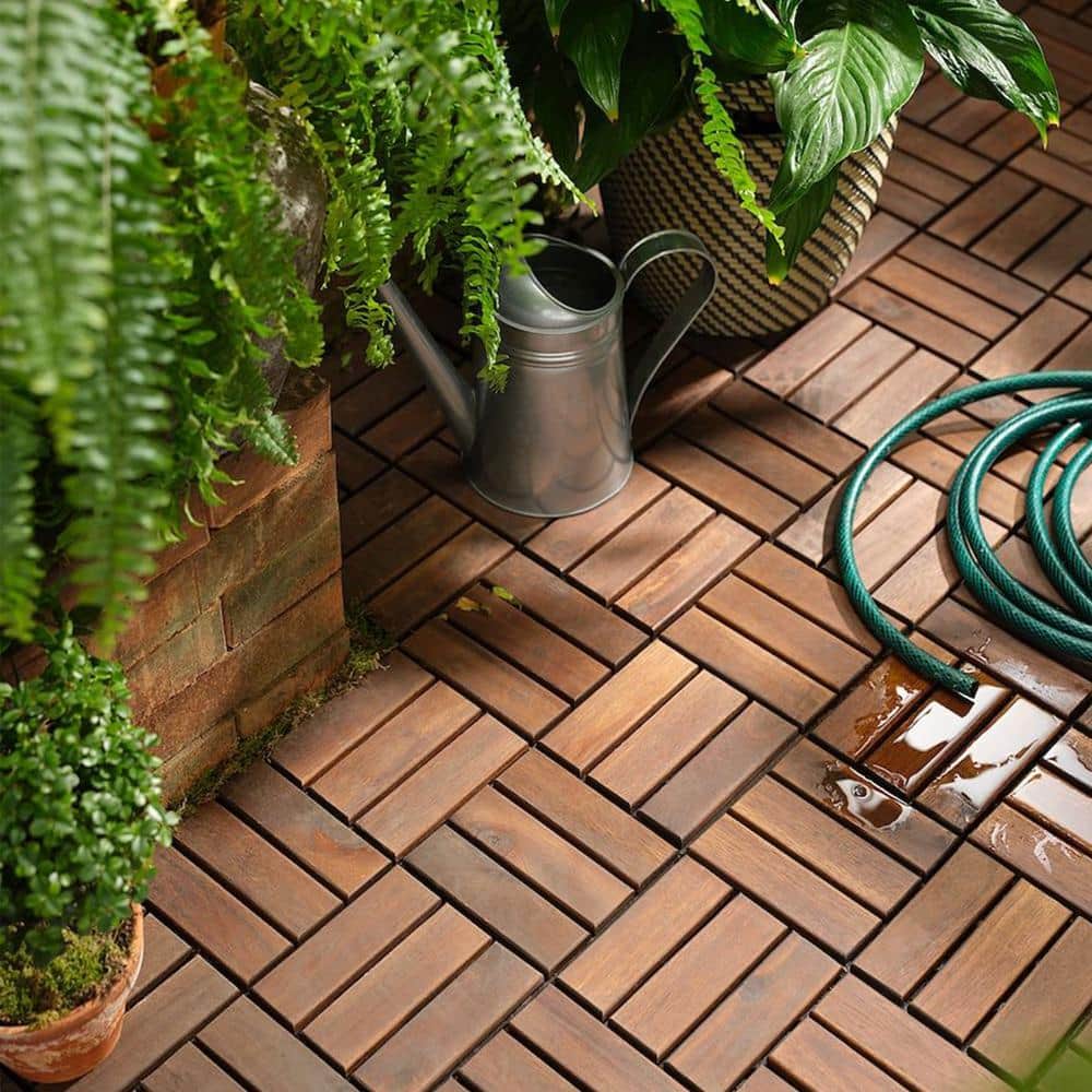 GOGEXX 12 in. x 12 in. Brown Square Acacia Wood Interlocking Flooring Deck Tiles Checker Pattern Outdoor (Pack of 20 Tiles)