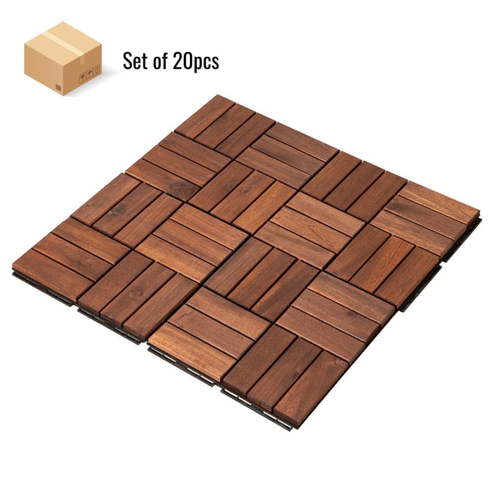 GOGEXX 12 in. x 12 in. Brown Square Acacia Wood Interlocking Flooring Deck Tiles Checker Pattern Outdoor (Pack of 20 Tiles)