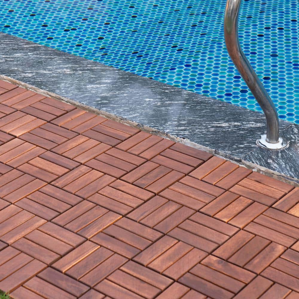 GOGEXX 12 in. x 12 in. Brown Square Acacia Wood Interlocking Flooring Deck Tiles Checker Pattern Outdoor (Pack of 20 Tiles)