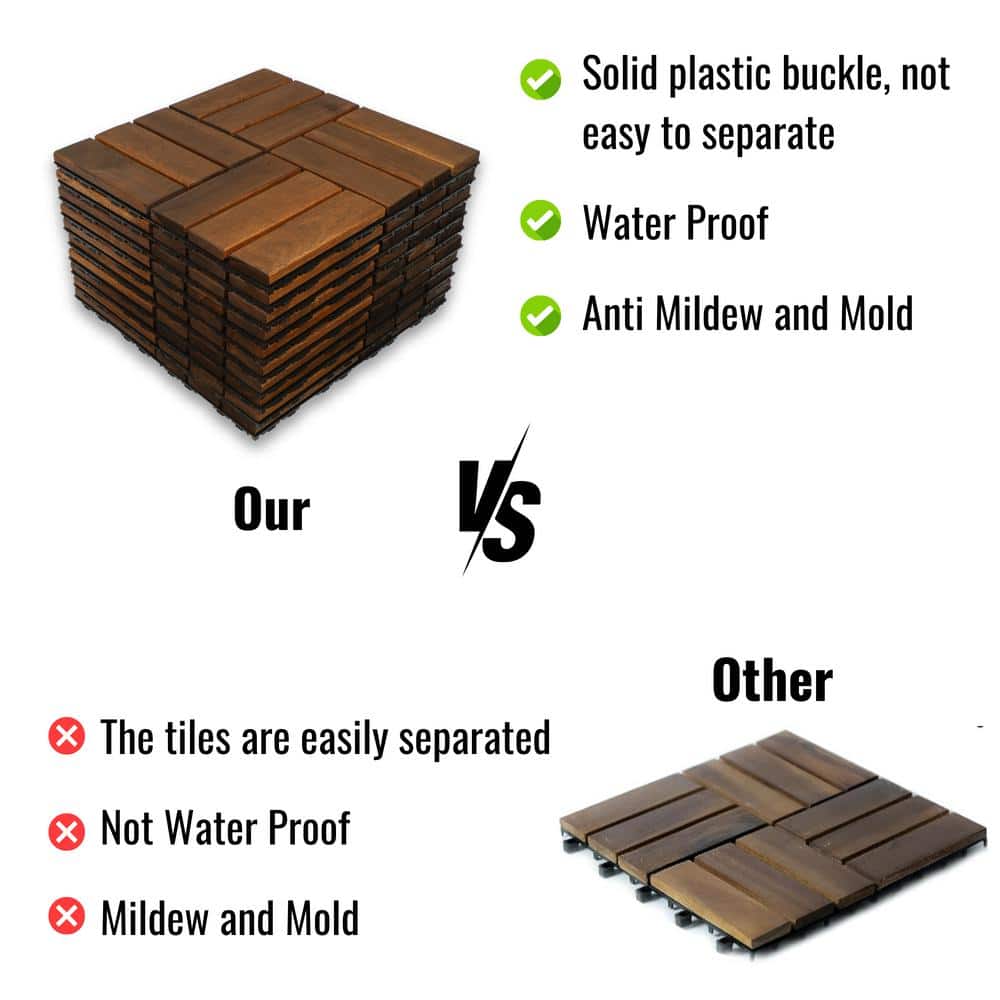 GOGEXX 12 in. x 12 in. Brown Square Acacia Wood Interlocking Flooring Deck Tiles Checker Pattern Outdoor (Pack of 20 Tiles)