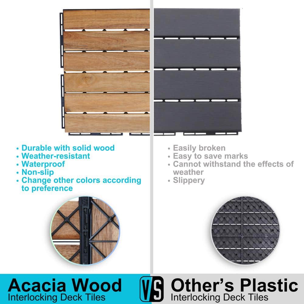 GOGEXX 12 in. x12 in. Square Acacia Wood Interlocking Flooring Deck Tiles Stripe Pattern for Patio in Brown (Pack of 30 Tiles)