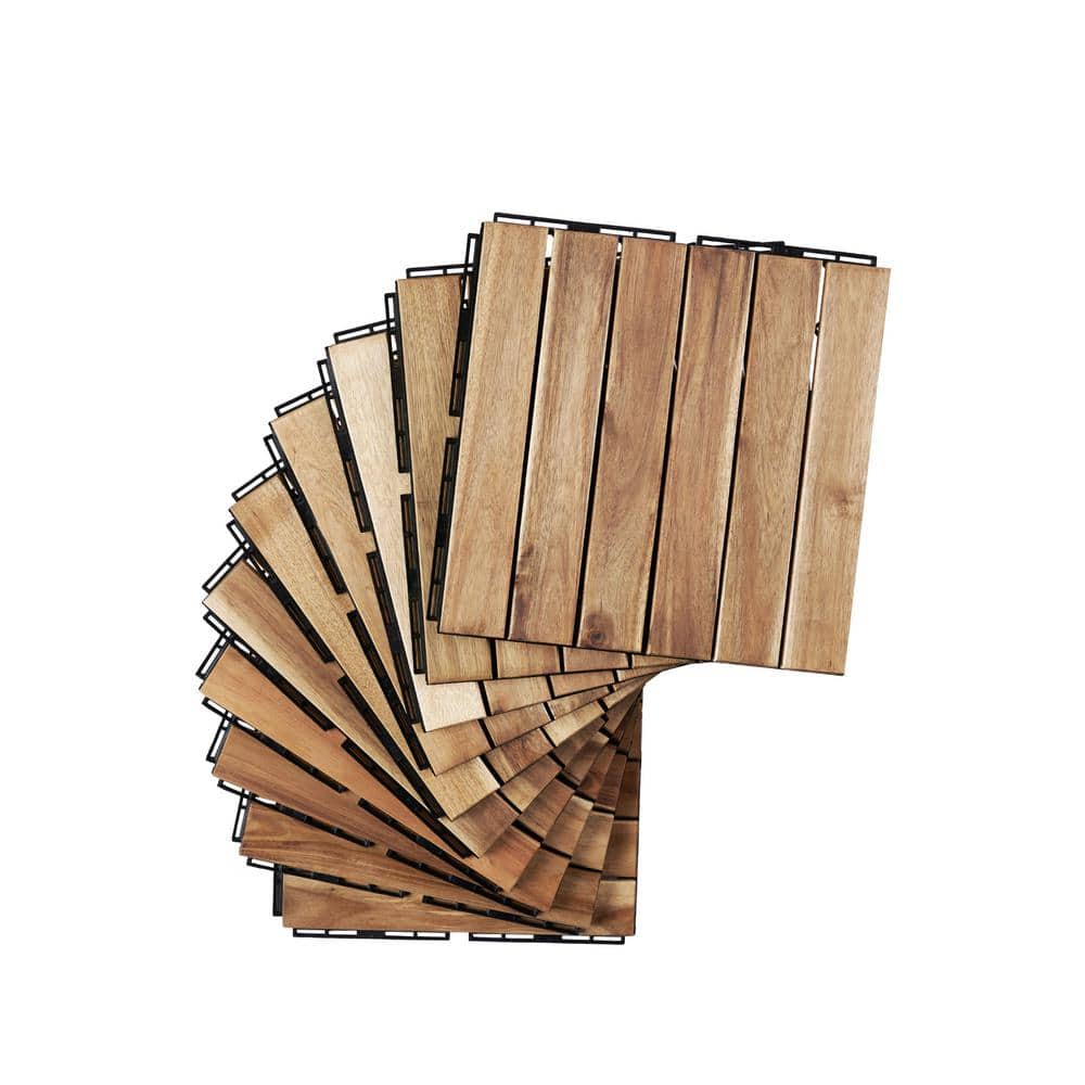 GOGEXX 12 in. x12 in. Square Acacia Wood Interlocking Flooring Deck Tiles Stripe Pattern for Patio in Brown (Pack of 30 Tiles)