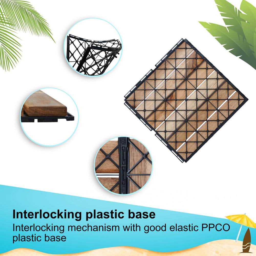 GOGEXX 12 in. x12 in. Square Acacia Wood Interlocking Flooring Deck Tiles Stripe Pattern for Patio in Brown (Pack of 30 Tiles)