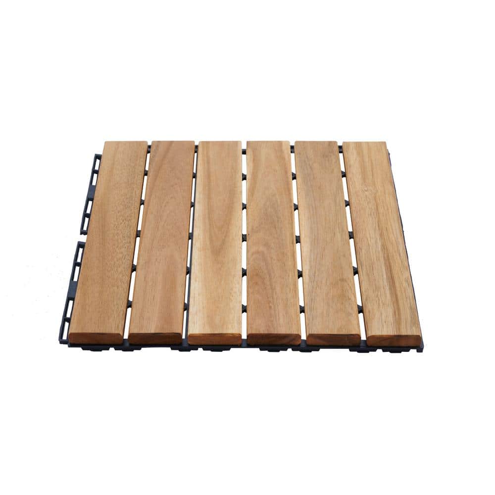 GOGEXX 12 in. x12 in. Square Acacia Wood Interlocking Flooring Deck Tiles Stripe Pattern for Patio in Brown (Pack of 30 Tiles)