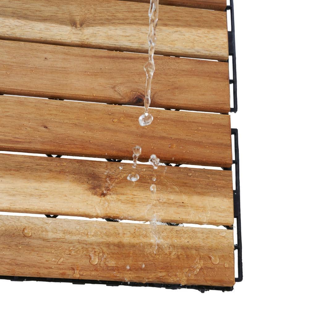 GOGEXX 12 in. x12 in. Square Acacia Wood Interlocking Flooring Deck Tiles Stripe Pattern for Patio in Brown (Pack of 30 Tiles)