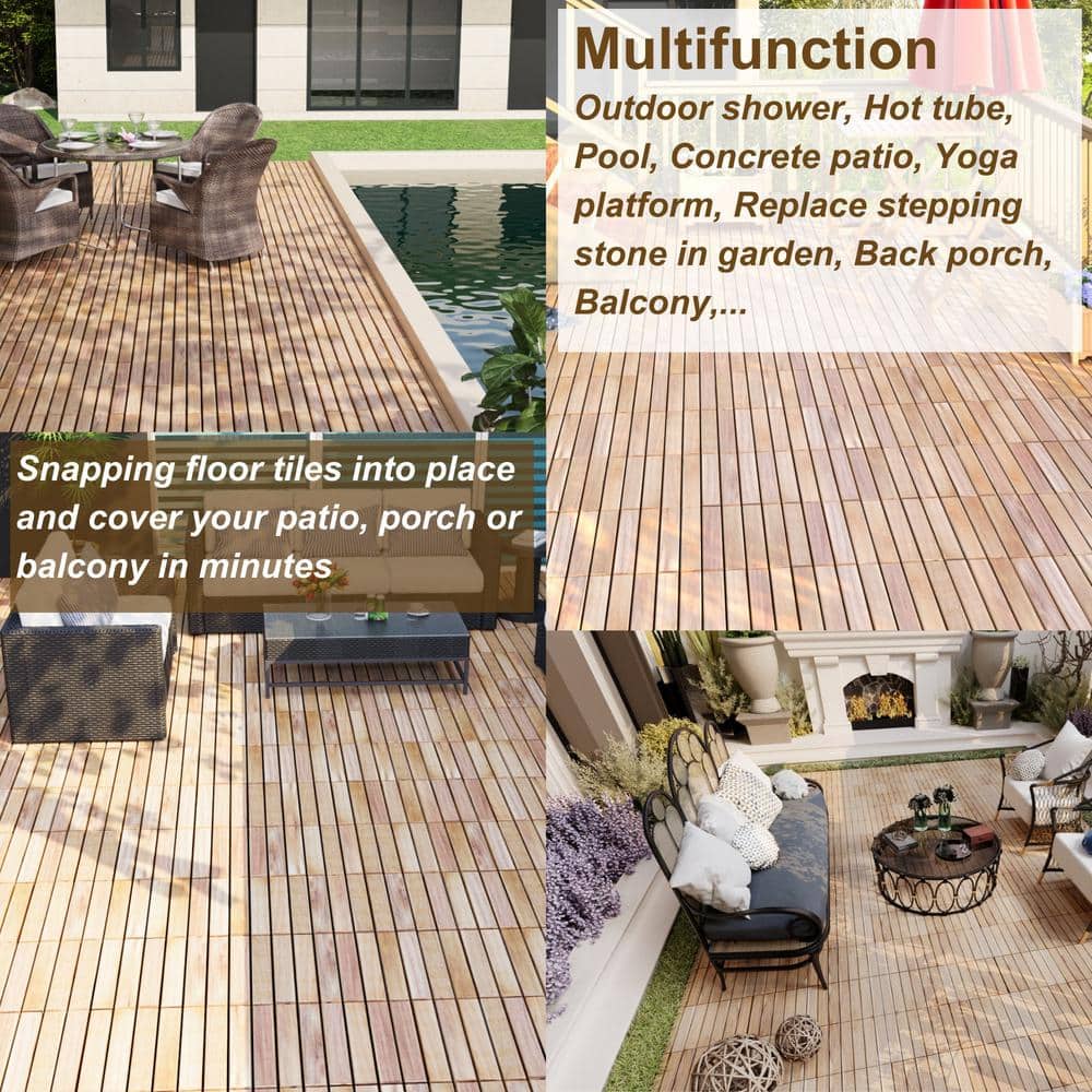 GOGEXX 12 in. x12 in. Square Acacia Wood Interlocking Flooring Deck Tiles Stripe Pattern for Patio in Brown (Pack of 30 Tiles)