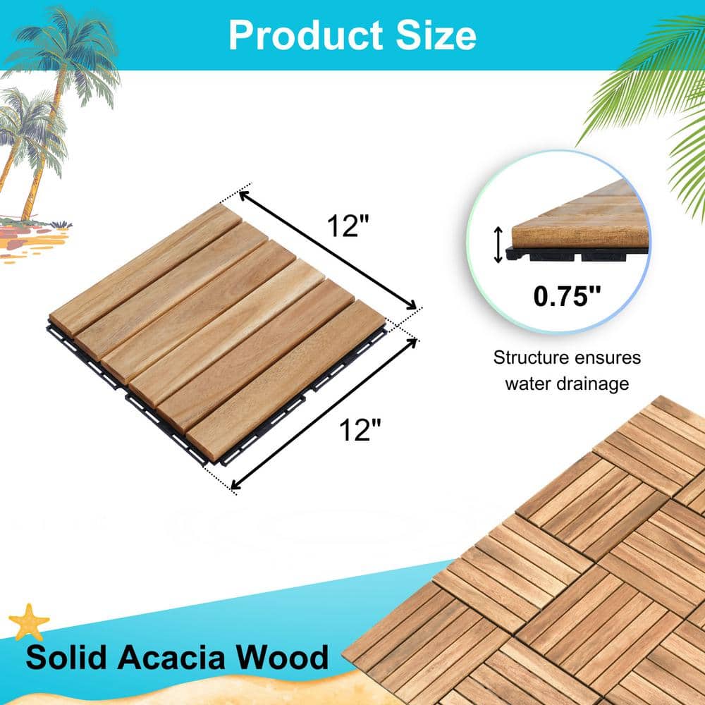 GOGEXX 12 in. x12 in. Square Acacia Wood Interlocking Flooring Deck Tiles Stripe Pattern for Patio in Brown (Pack of 30 Tiles)