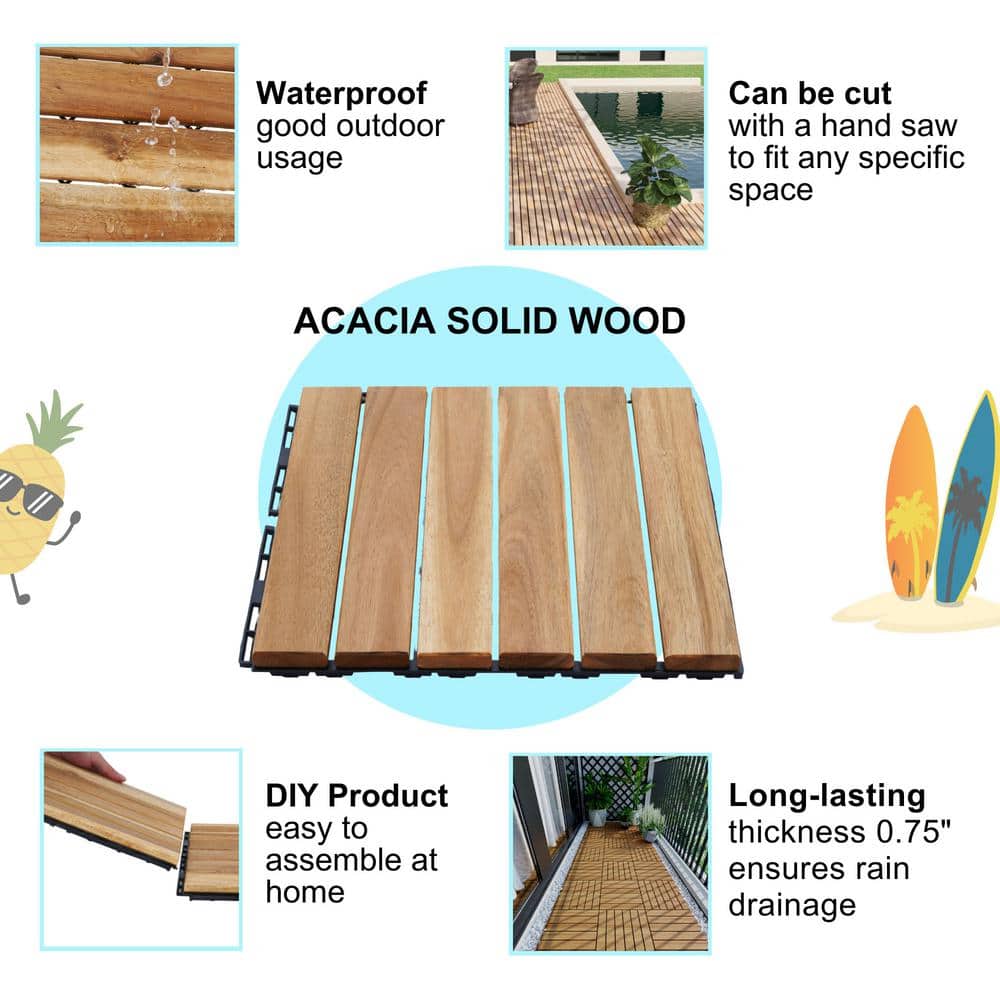 GOGEXX 12 in. x12 in. Square Acacia Wood Interlocking Flooring Deck Tiles Stripe Pattern for Patio in Brown (Pack of 30 Tiles)