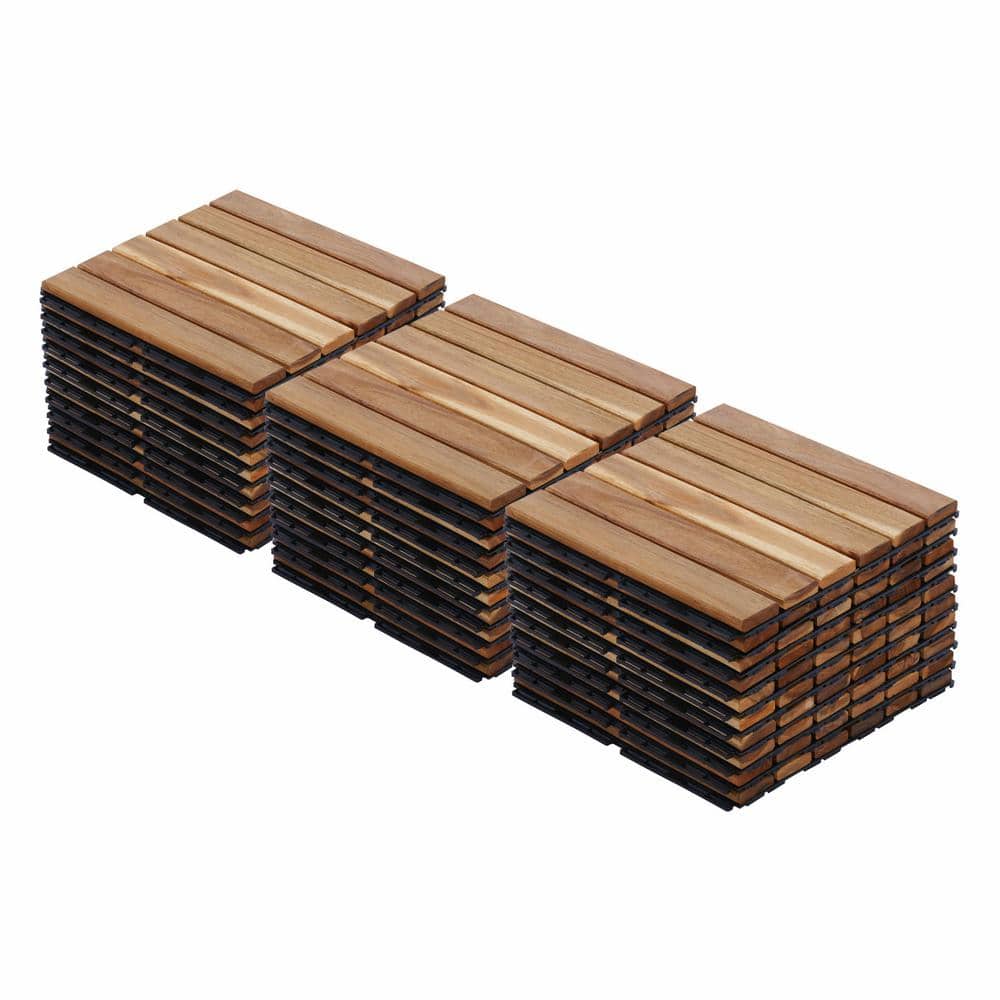 GOGEXX 12 in. x12 in. Square Acacia Wood Interlocking Flooring Deck Tiles Stripe Pattern for Patio in Brown (Pack of 30 Tiles)