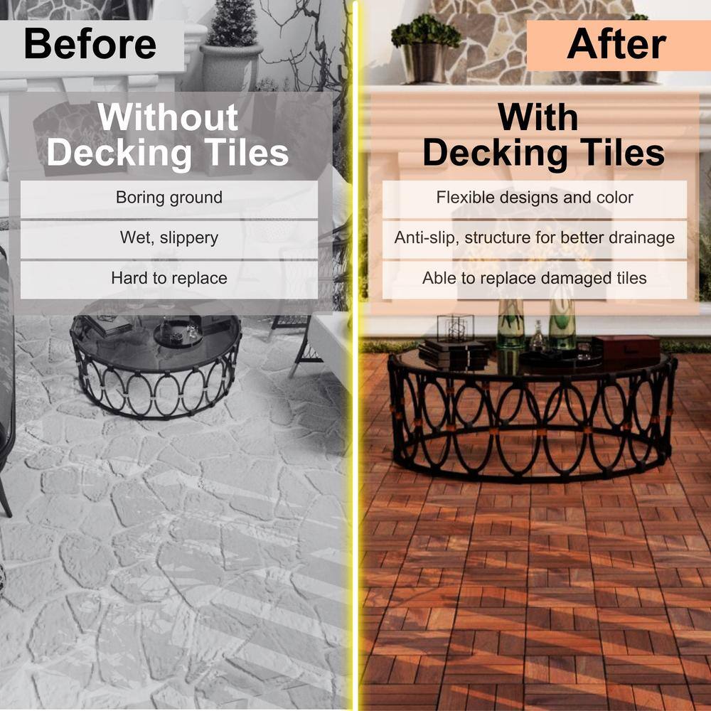 Amucolo 12 in. x 12 in. Checker Pattern Acacia Wood Interlocking Deck Tiles in Brown for Patio, Pool Side (Set of 20 Tiles)