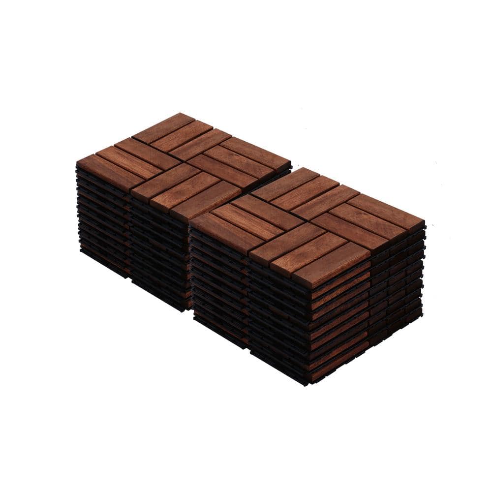Amucolo 12 in. x 12 in. Checker Pattern Acacia Wood Interlocking Deck Tiles in Brown for Patio, Pool Side (Set of 20 Tiles)