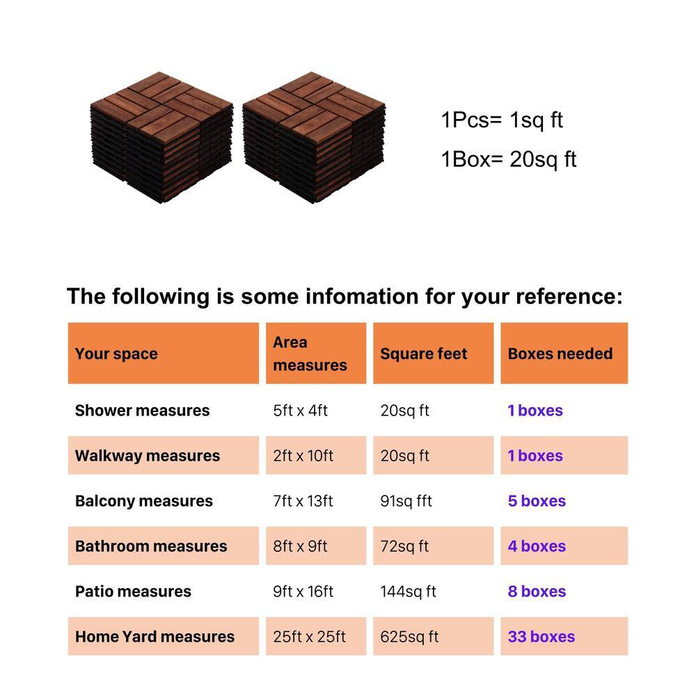 Amucolo 12 in. x 12 in. Checker Pattern Acacia Wood Interlocking Deck Tiles in Brown for Patio, Pool Side (Set of 20 Tiles)