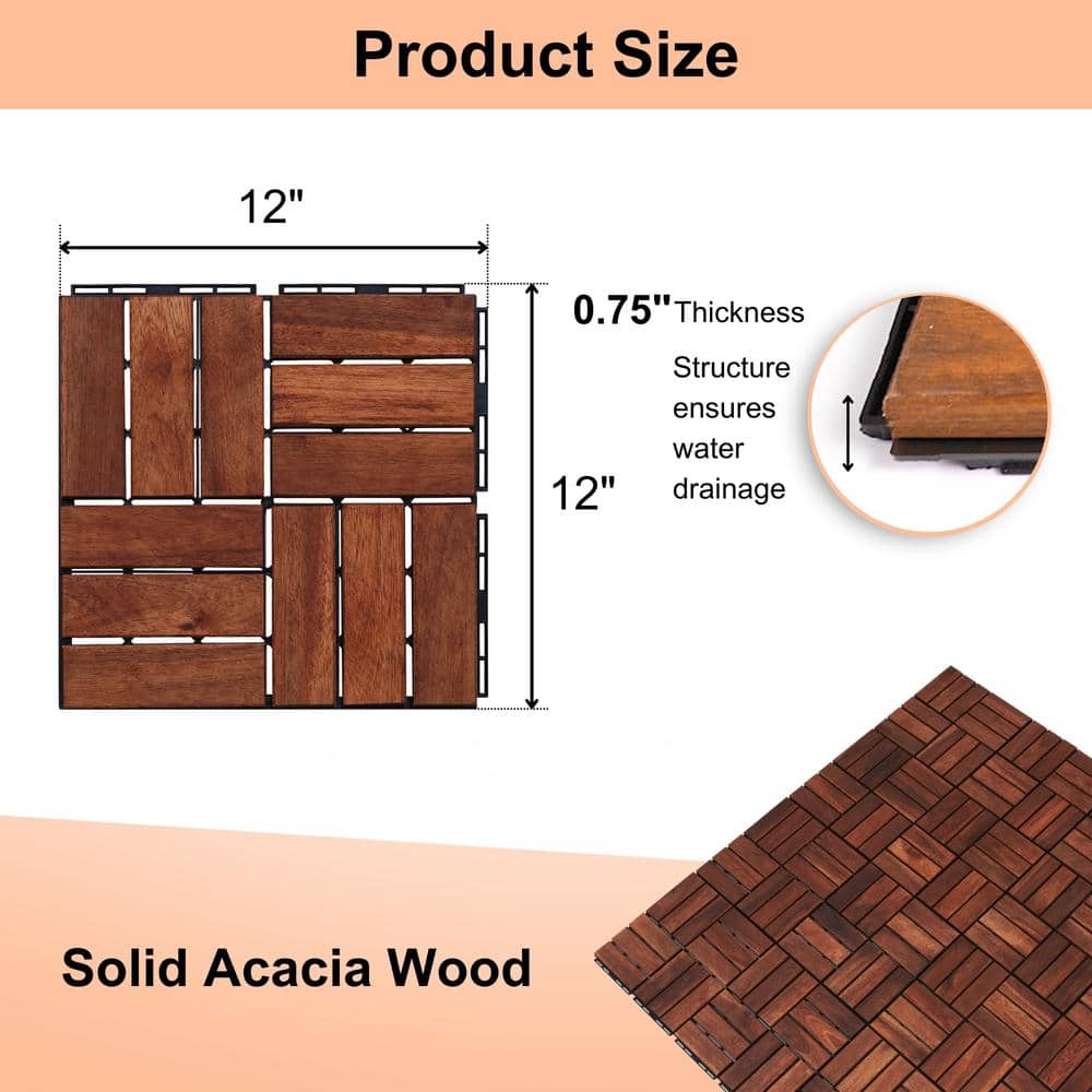Amucolo 12 in. x 12 in. Checker Pattern Acacia Wood Interlocking Deck Tiles in Brown for Patio, Pool Side (Set of 20 Tiles)
