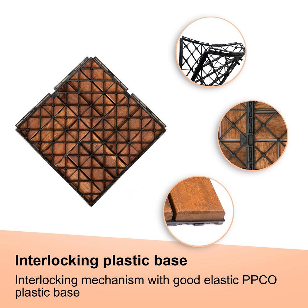 Amucolo 12 in. x 12 in. Checker Pattern Acacia Wood Interlocking Deck Tiles in Brown for Patio, Pool Side (Set of 30 Tiles)