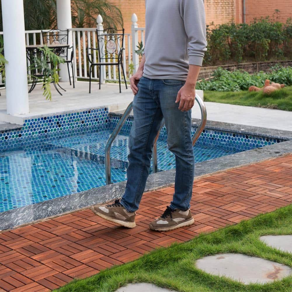 Amucolo 12 in. x 12 in. Checker Pattern Acacia Wood Interlocking Deck Tiles in Brown for Patio, Pool Side (Set of 30 Tiles)