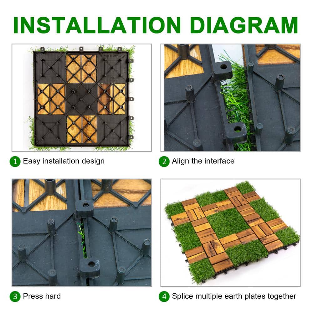Pro Space 12 in. x 12 in. Square Acacia Wood Interlocking Flooring Tiles Tufted Grass Green 20 PINS (30-Pack)