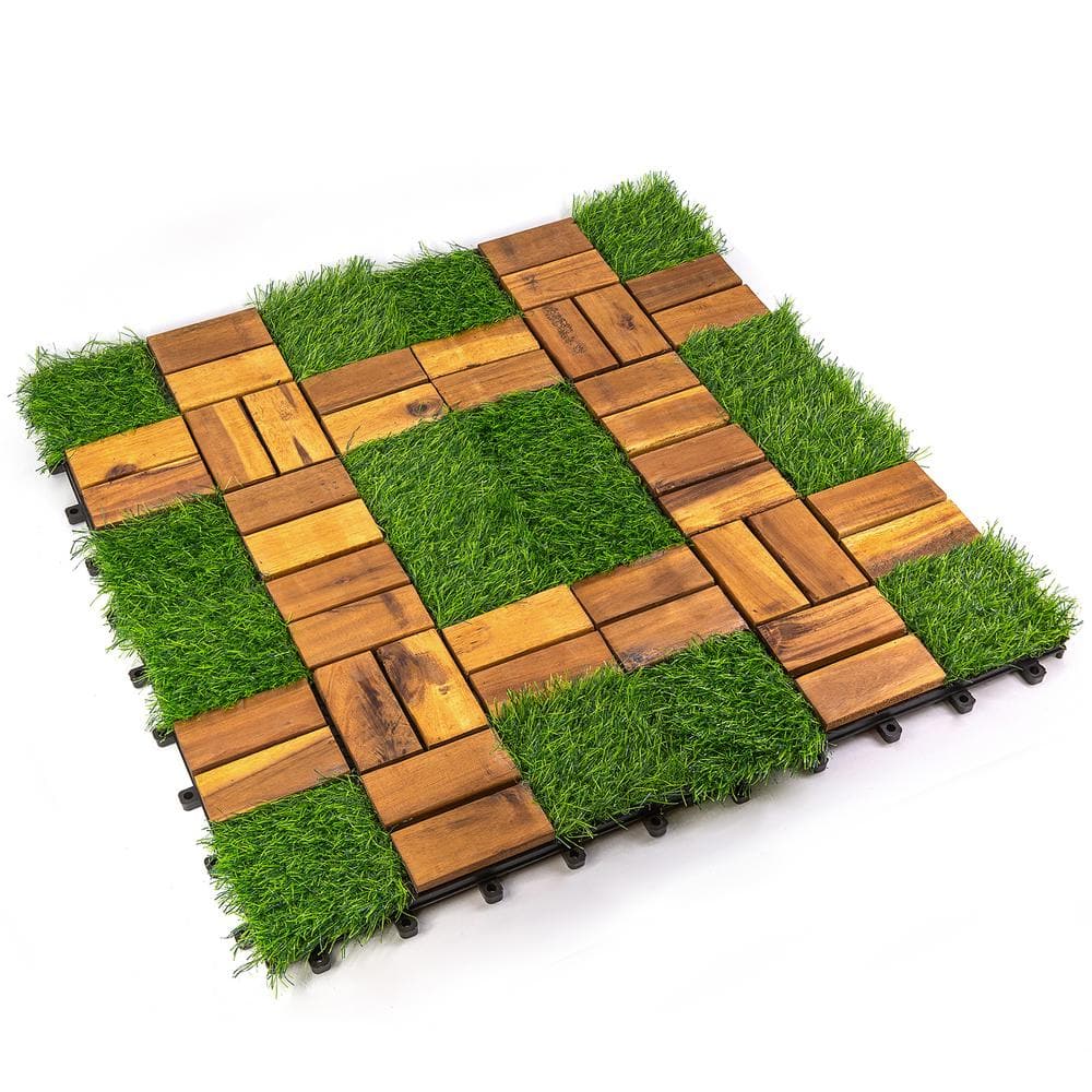 Pro Space 12 in. x 12 in. Square Acacia Wood Interlocking Flooring Tiles Tufted Grass Green 20 PINS (30-Pack)
