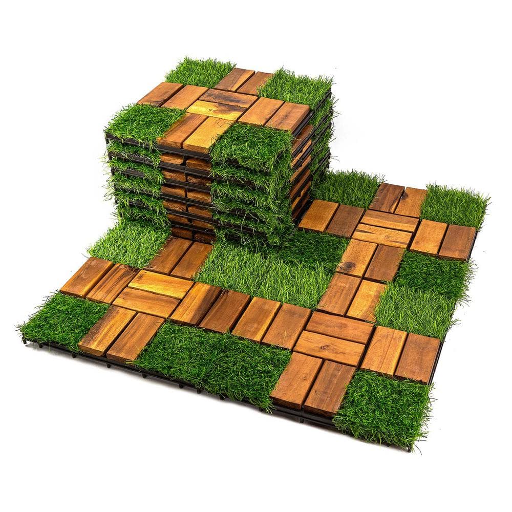 Pro Space 12 in. x 12 in. Square Acacia Wood Interlocking Flooring Tiles Tufted Grass Green 20 PINS (30-Pack)
