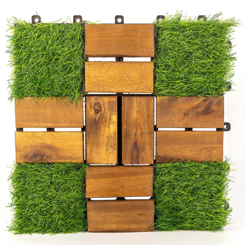 Pro Space 12 in. x 12 in. Square Acacia Wood Interlocking Flooring Tiles Tufted Grass Green 20 PINS (30-Pack)