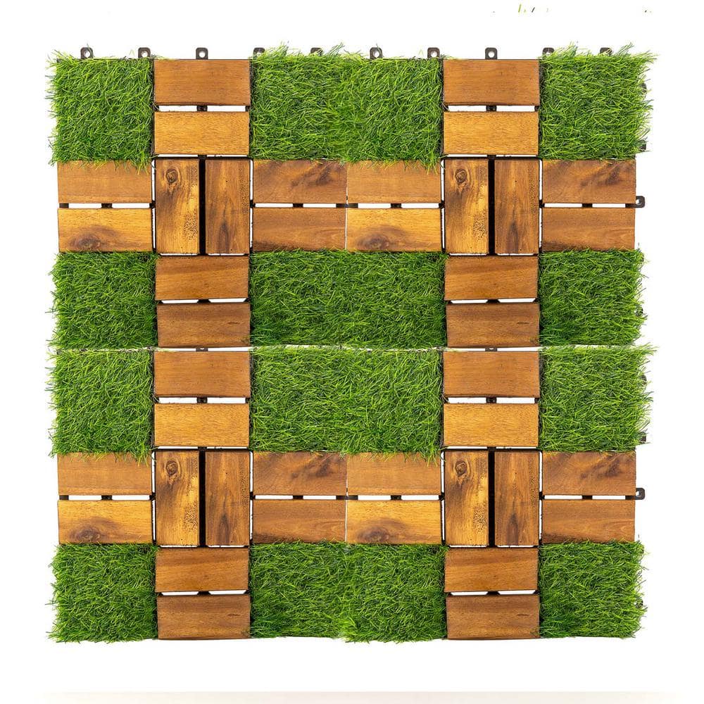 Pro Space 12 in. x 12 in. Square Acacia Wood Interlocking Flooring Tiles Tufted Grass Green 20 PINS (30-Pack)