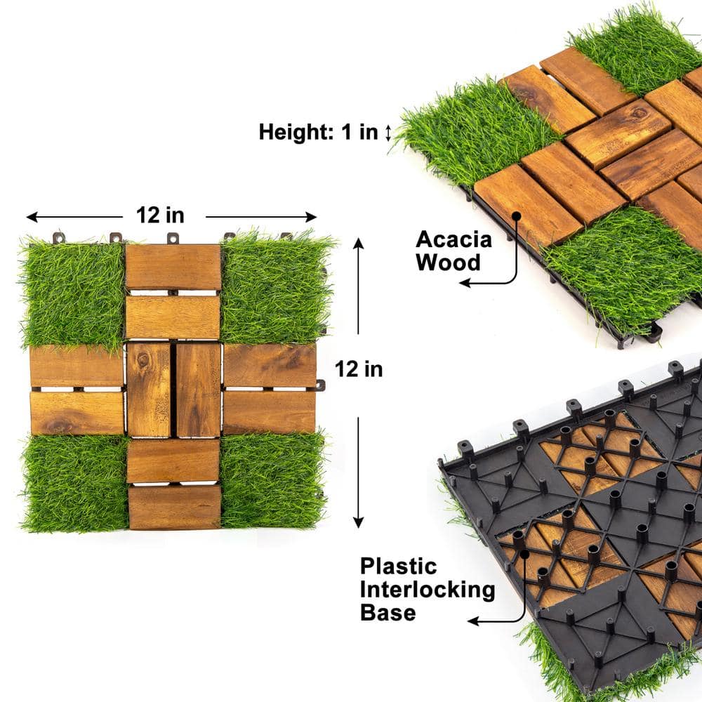 Pro Space 12 in. x 12 in. Square Acacia Wood Interlocking Flooring Tiles Tufted Grass Green 20 PINS (30-Pack)