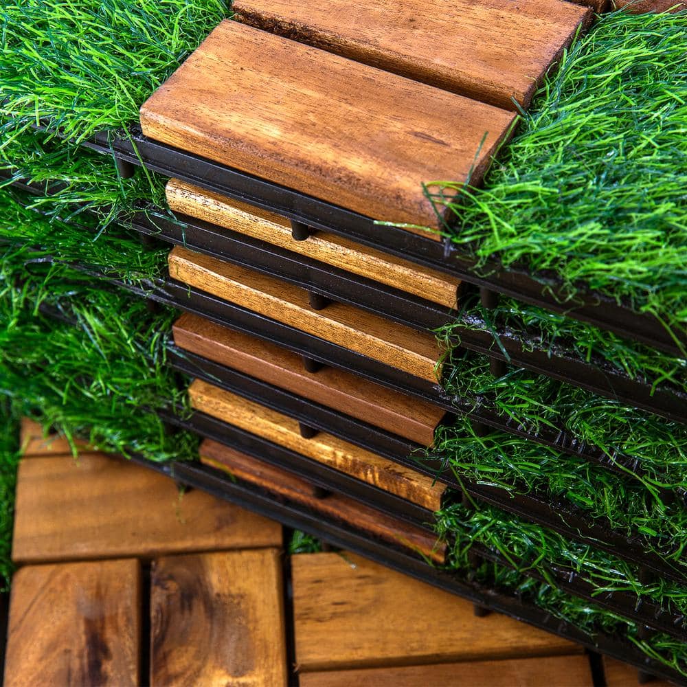 Pro Space 12 in. x 12 in. Square Acacia Wood Interlocking Flooring Tiles Tufted Grass Green 20 PINS (30-Pack)