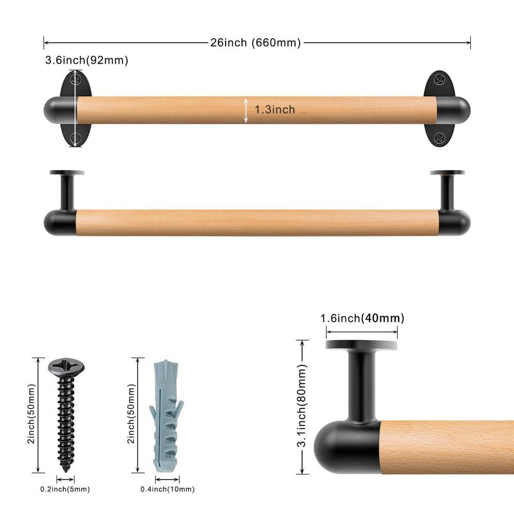 Angel Sar 26 in. Wood Handrail Indoor Stairs Handrail Wall Mount Handrail, Barrier-Free Staircase Grab Bar for Elderly