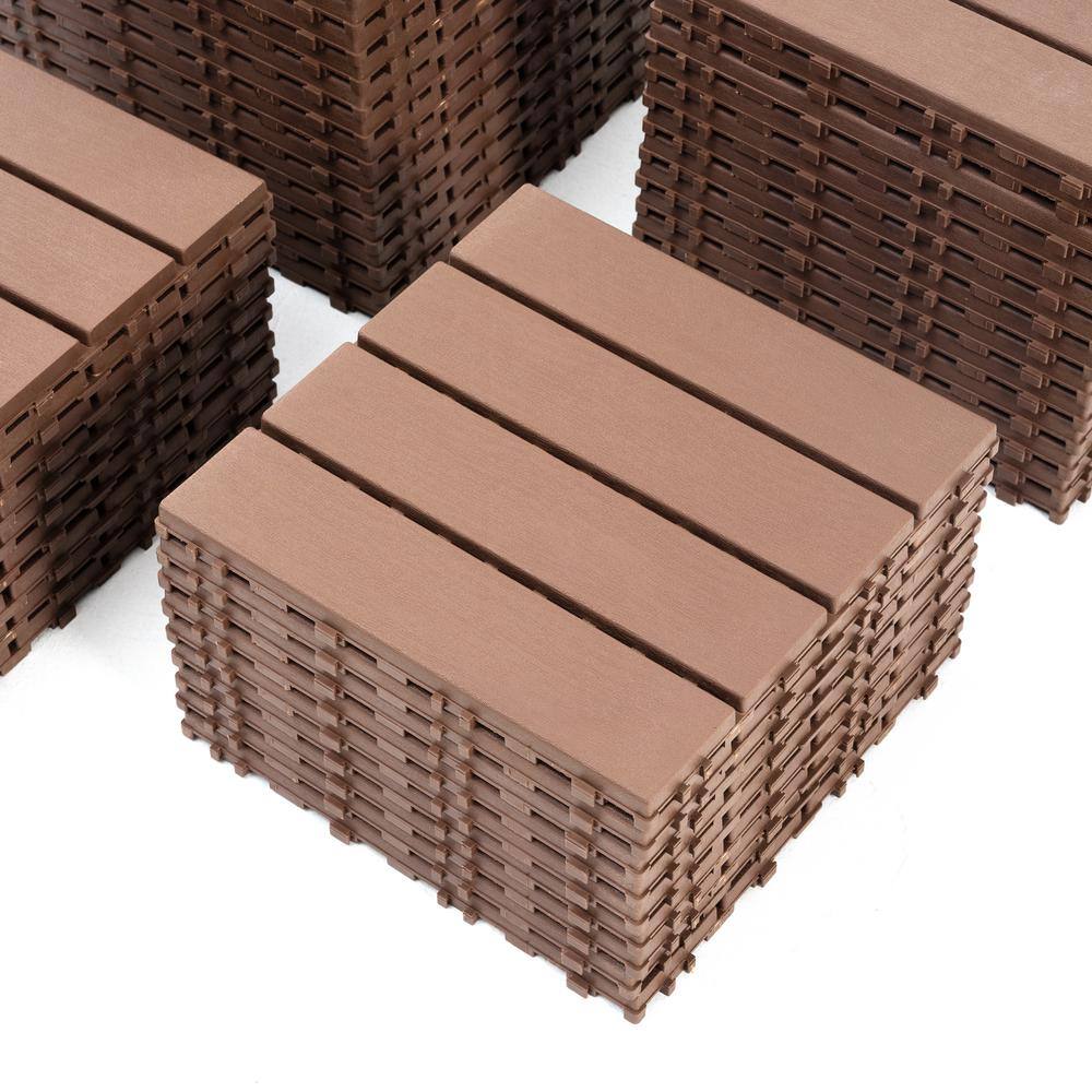 cadeninc 12 in. x 12 in. Brown Square Waterproof Plastic Interlocking Deck Tiles (Set of 44 Tiles)