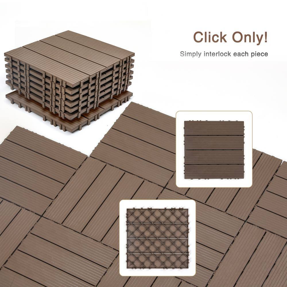 cadeninc 12 in. x 12 in. Square Waterproof Outdoor Plastic Interlocking Deck Tiles for Poolside Balcony Backyard, Brown (44-Pack)