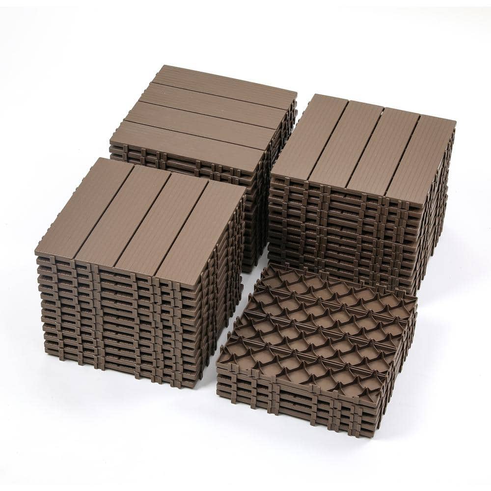 cadeninc 12 in. x 12 in. Square Waterproof Outdoor Plastic Interlocking Deck Tiles for Poolside Balcony Backyard, Brown (44-Pack)