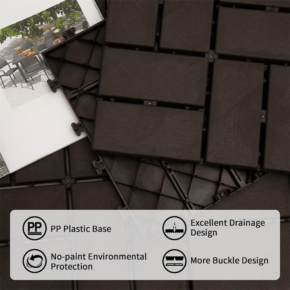 cadeninc 12 in. x 12 in. Brown Square Composite Decking Tiles, 4 Slat Plastic Outdoor Flooring Tile All Weather (Pack of 36)