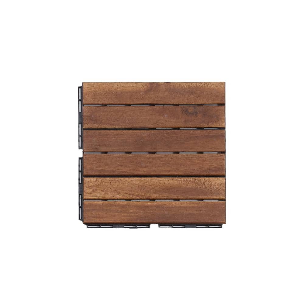 12 in. x 12 in. Striped Pattern Outdoor Acacia Wood Interlocking Deck Tiles in Brown (10-Pieces)