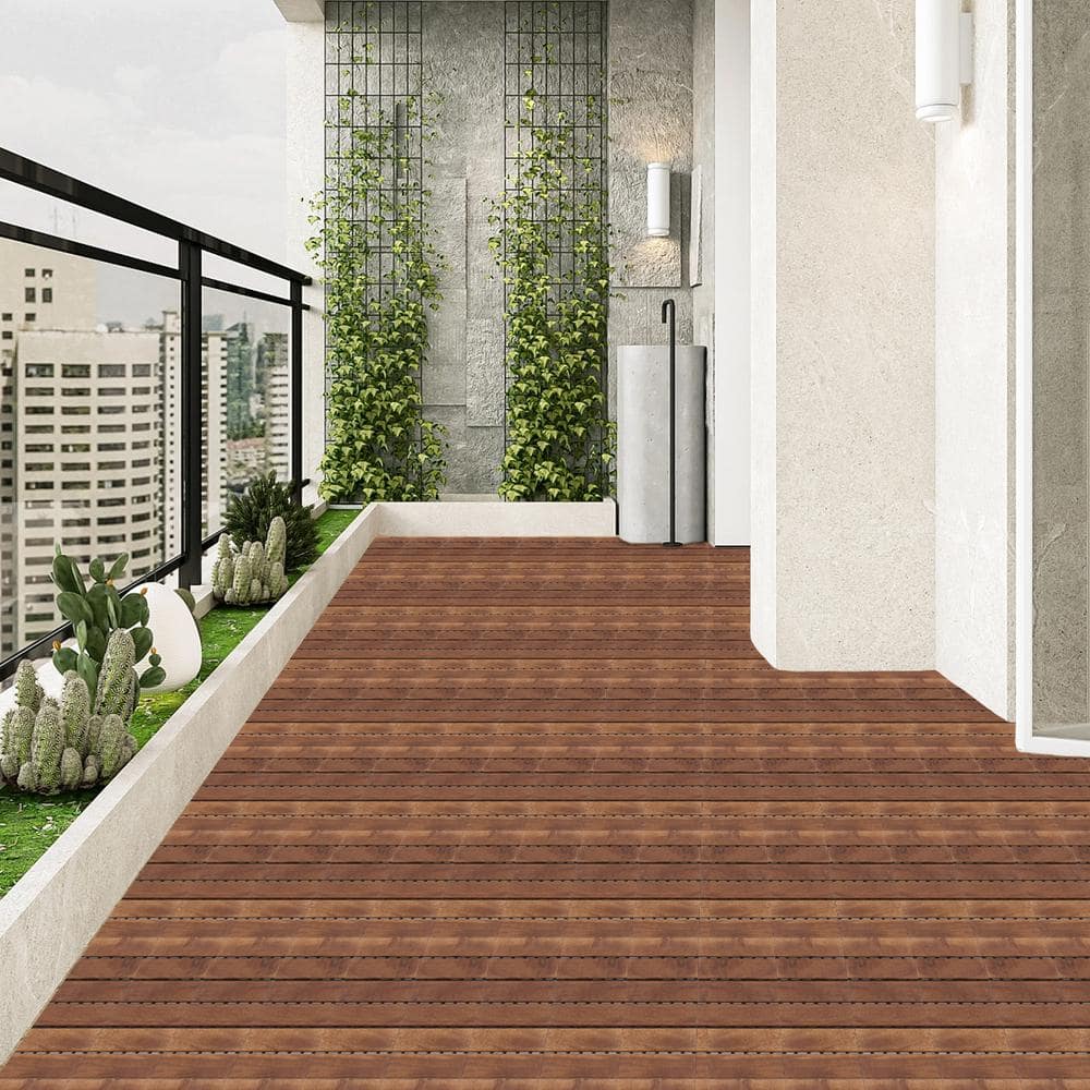 12 in. x 12 in. Striped Pattern Outdoor Acacia Wood Interlocking Deck Tiles in Brown (10-Pieces)