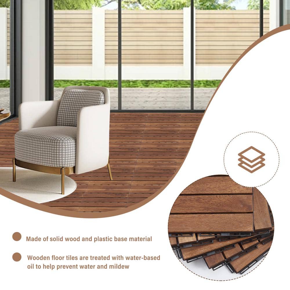 12 in. x 12 in. Striped Pattern Outdoor Acacia Wood Interlocking Deck Tiles in Brown (10-Pieces)
