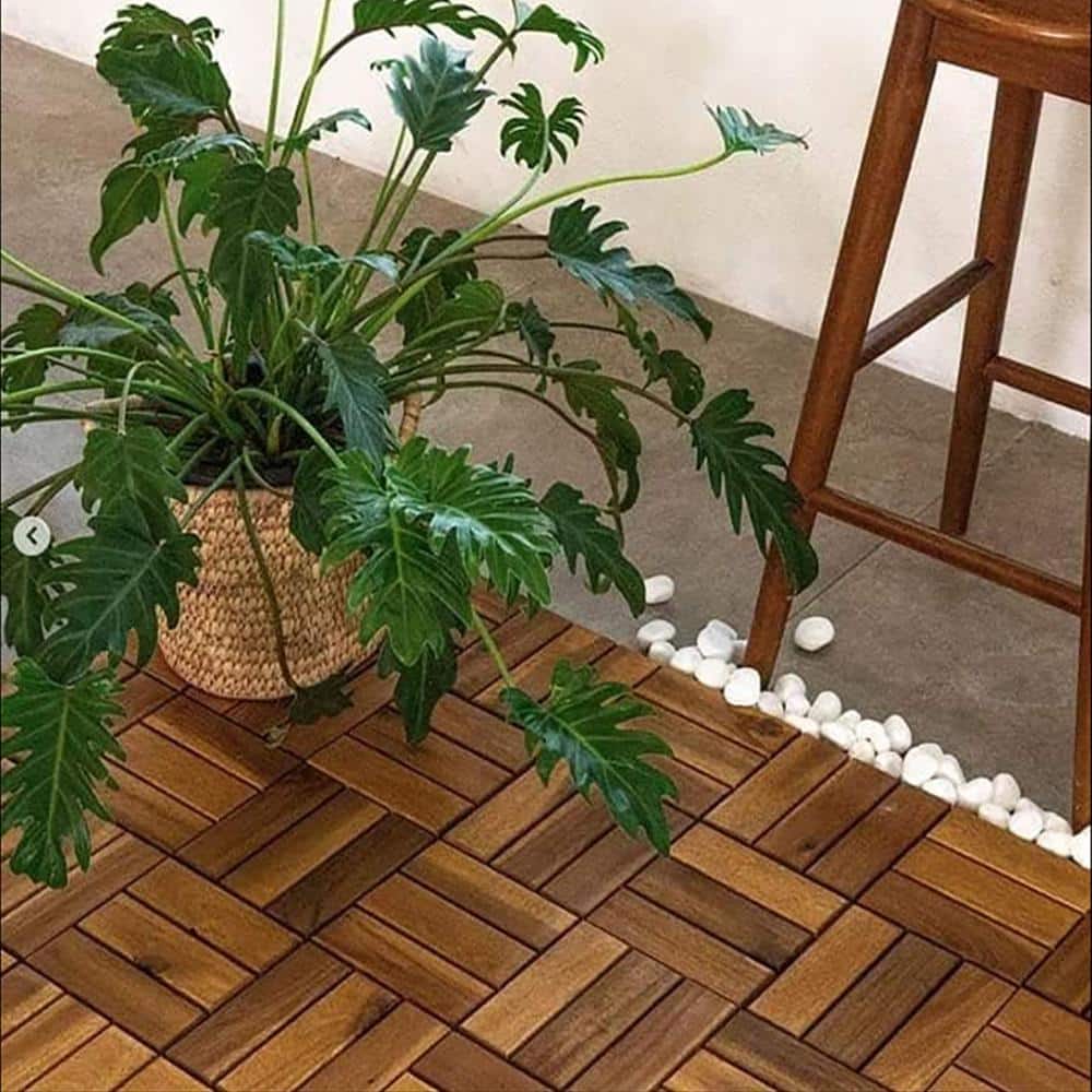 12 in. x 12 in. Acacia Wood Interlocking Flooring Deck Tile Checker Pattern in Brown 12-Slats (20-Pack)