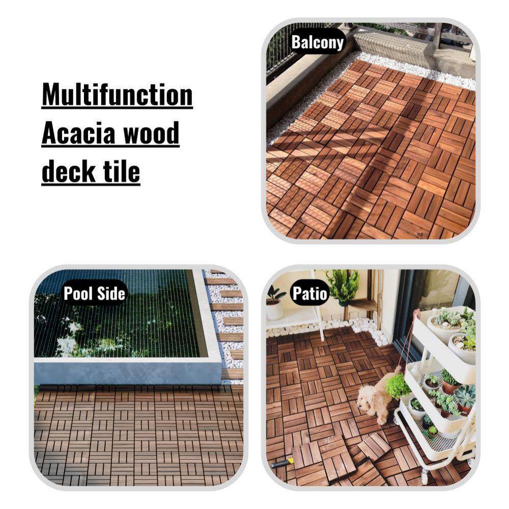 12 in. x 12 in. Outdoor Checker Square Wood Interlocking Waterproof Flooring Deck Tiles in Brown (Set of 20 Tiles)