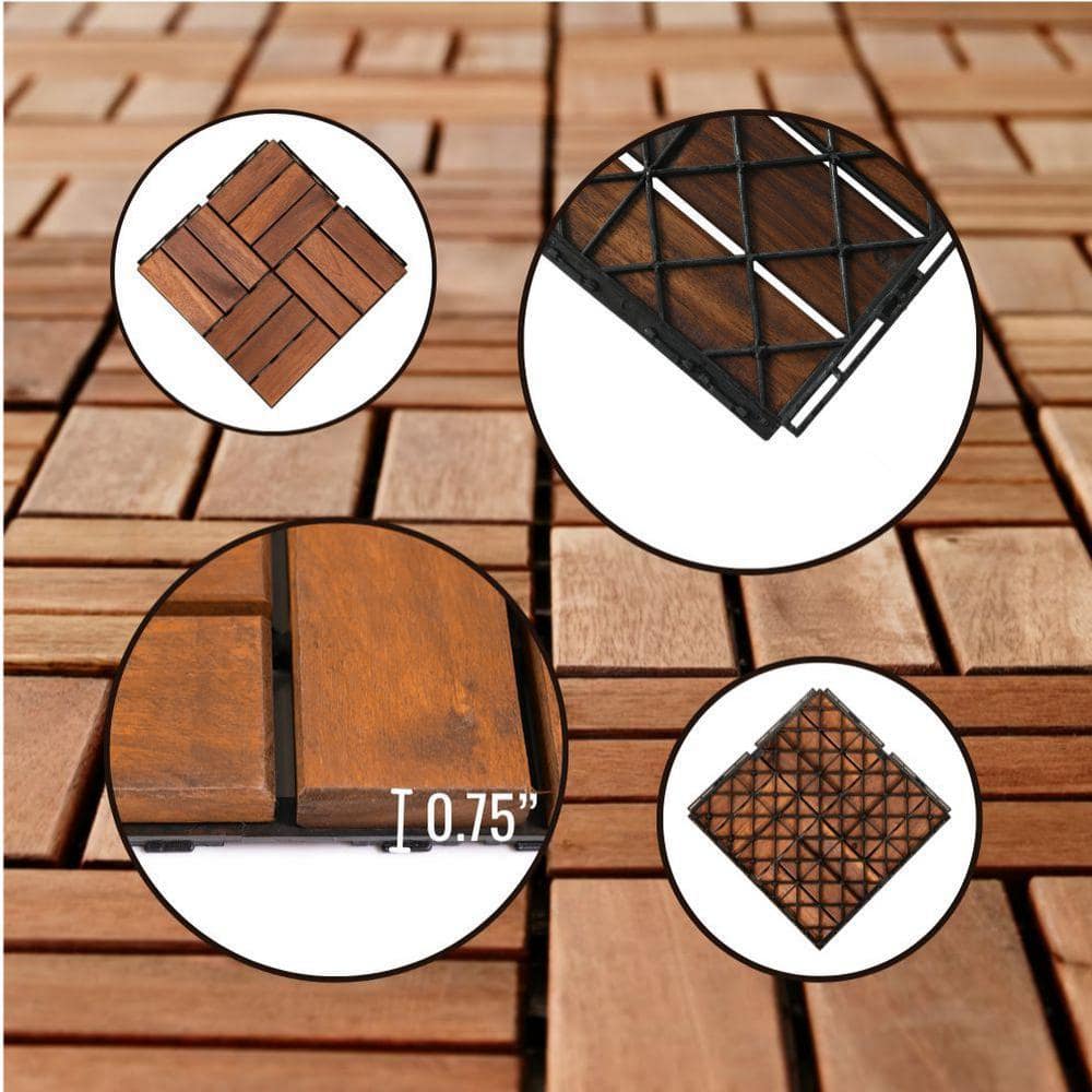 12 in. x 12 in. Outdoor Checker Square Wood Interlocking Waterproof Flooring Deck Tiles in Brown (Set of 20 Tiles)