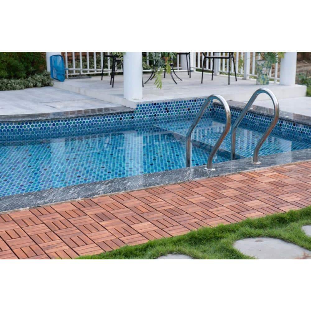 12 in. x 12 in. Outdoor Checker Square Wood Interlocking Waterproof Flooring Deck Tiles in Brown (Set of 20 Tiles)