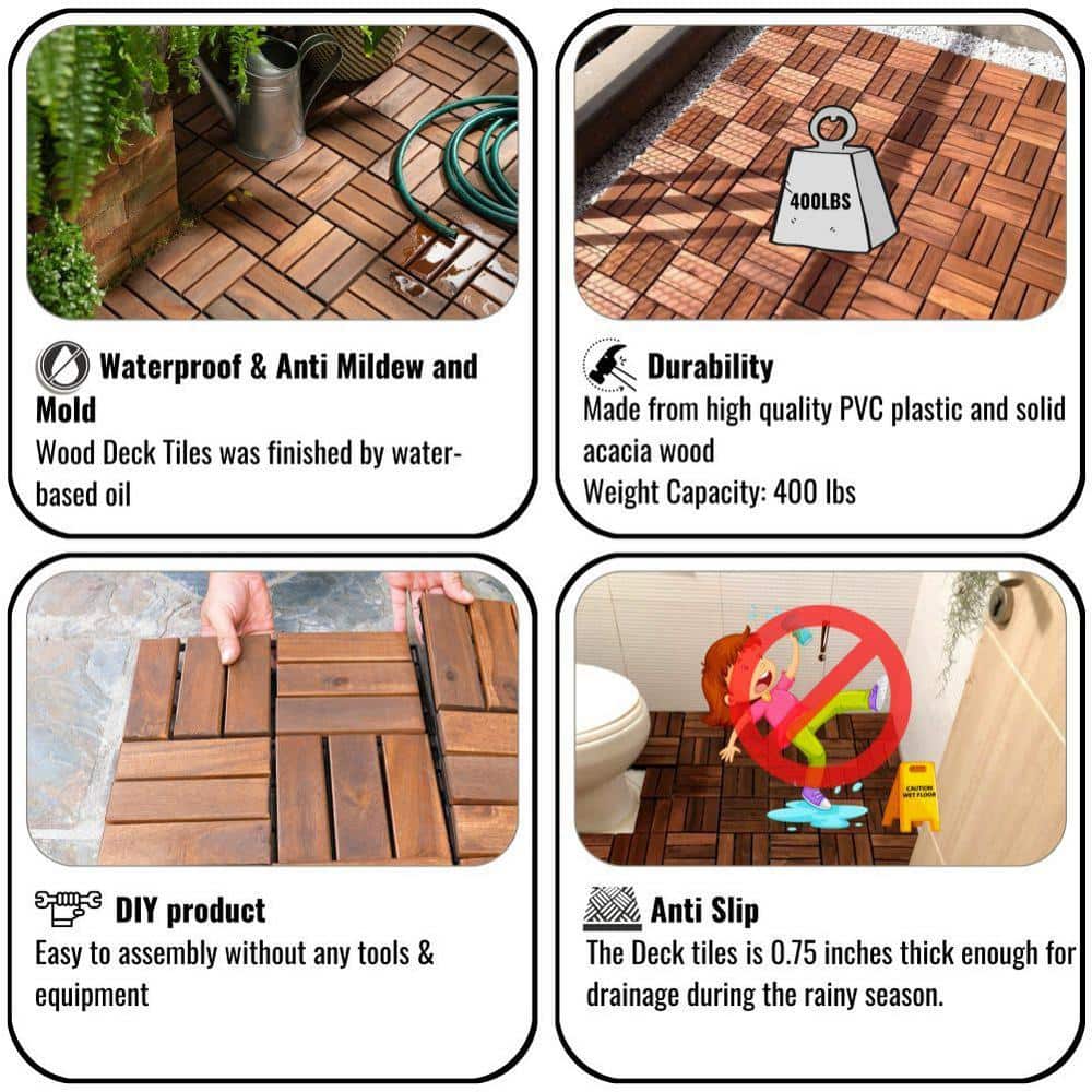 12 in. x 12 in. Outdoor Checker Square Wood Interlocking Waterproof Flooring Deck Tiles in Brown (Set of 20 Tiles)