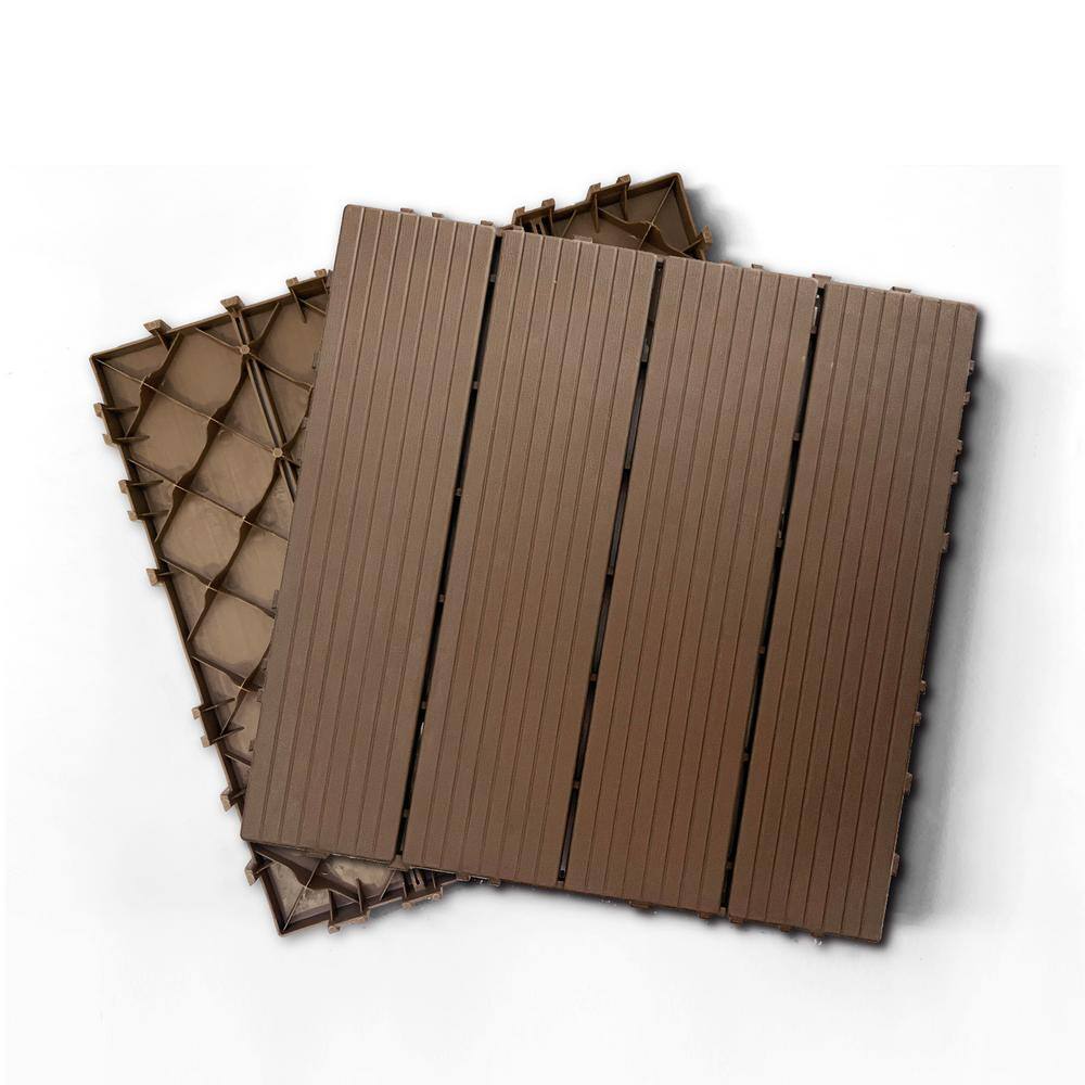 GOGEXX 12 in. W x 12 in. L Outdoor Stripe Plastic Composite Flooring Deck Tiles (35 Per Box), Brown